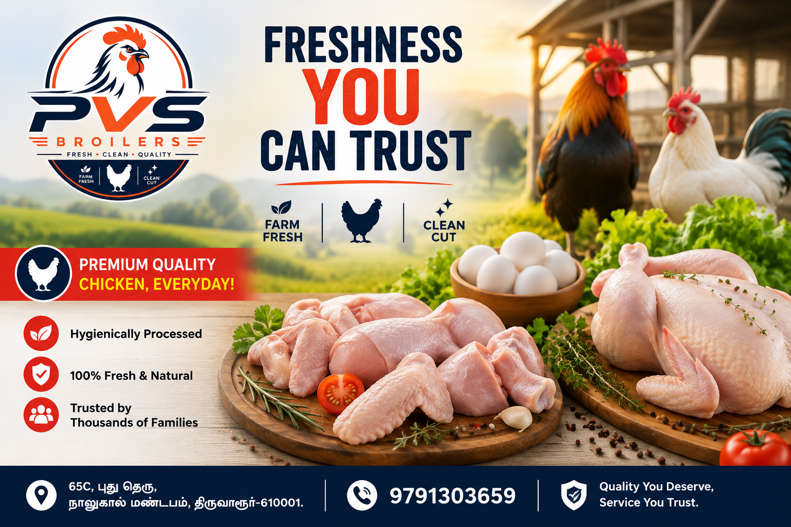 Free-range hen on a fresh green farm at PVS Broilers